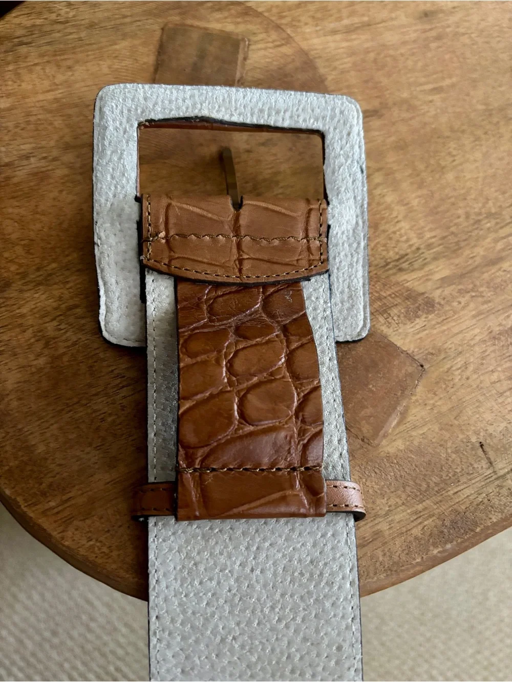 Chico's Croc-Embossed Wide Full Grain Brown Leather Belt with Square Buckle - XL